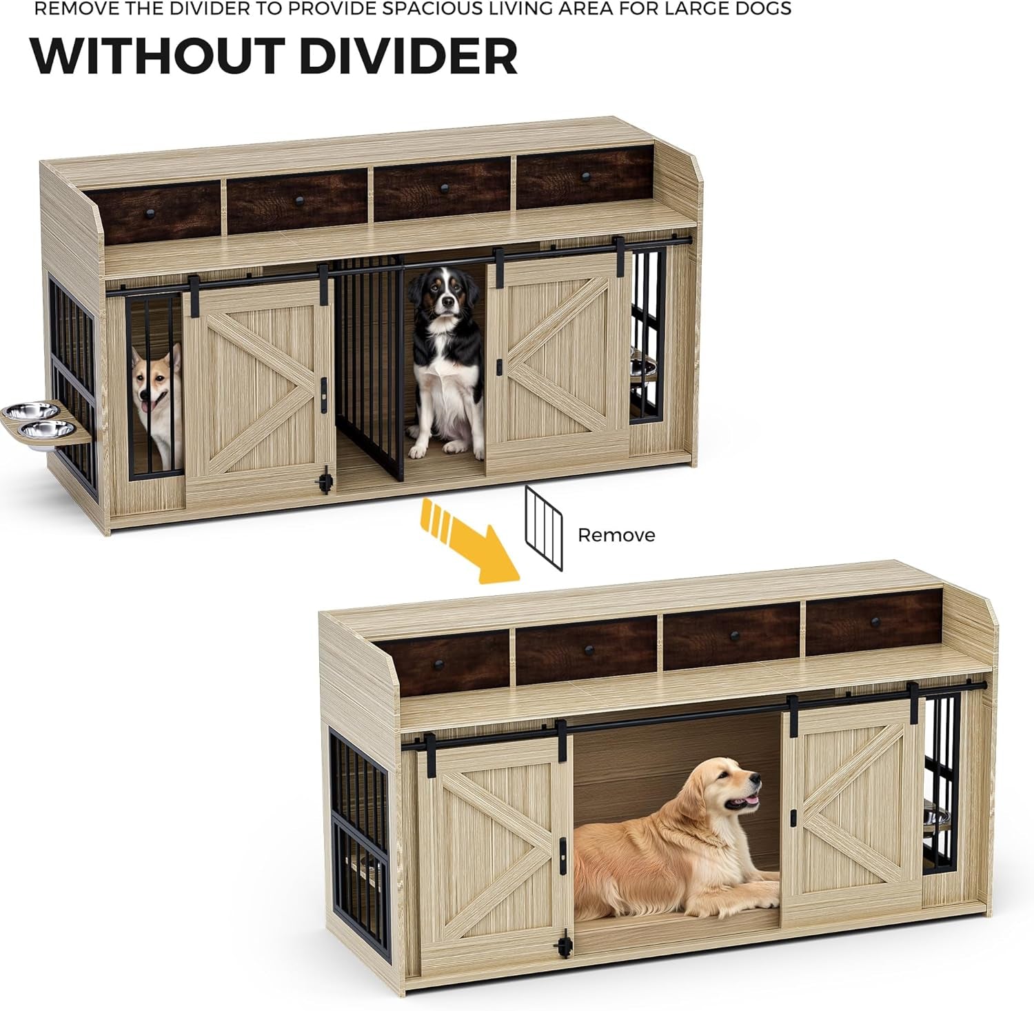 63" Double Dog Crate Furniture – Wooden Dog Kennel Indoor with Sliding Doors, Adjustable Bowls & Storage Drawers – Large Dog Crate TV Stand for 2 Dogs, Beige Wood Grain