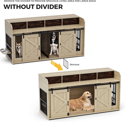63" Double Dog Crate Furniture – Wooden Dog Kennel Indoor with Sliding Doors, Adjustable Bowls & Storage Drawers – Large Dog Crate TV Stand for 2 Dogs, Beige Wood Grain