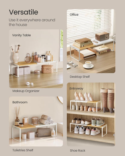 Spice Rack, Expandable Cupboard Shelf Orgnizer, Kitchen Counter Shelf, Bamboo and Metal, Space-Saving Shelving, Stackable, Light Bamboo and Cream White UKCS052W01