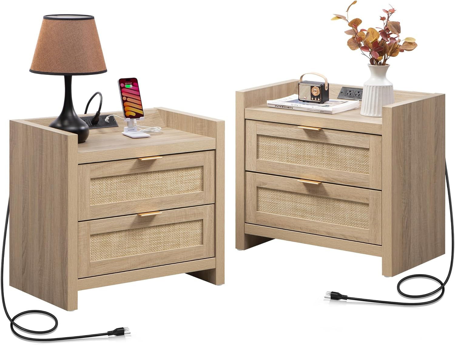 Rattan Nightstands Set of 2 Bedside Table - Bedroom Night Stand with Type-C Charging Station, 2 Drawers Storage - Boho Night Stands End Table for Bedroom Office - Light Oak