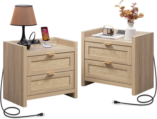 Rattan Nightstands Set of 2 Bedside Table - Bedroom Night Stand with Type-C Charging Station, 2 Drawers Storage - Boho Night Stands End Table for Bedroom Office - Light Oak