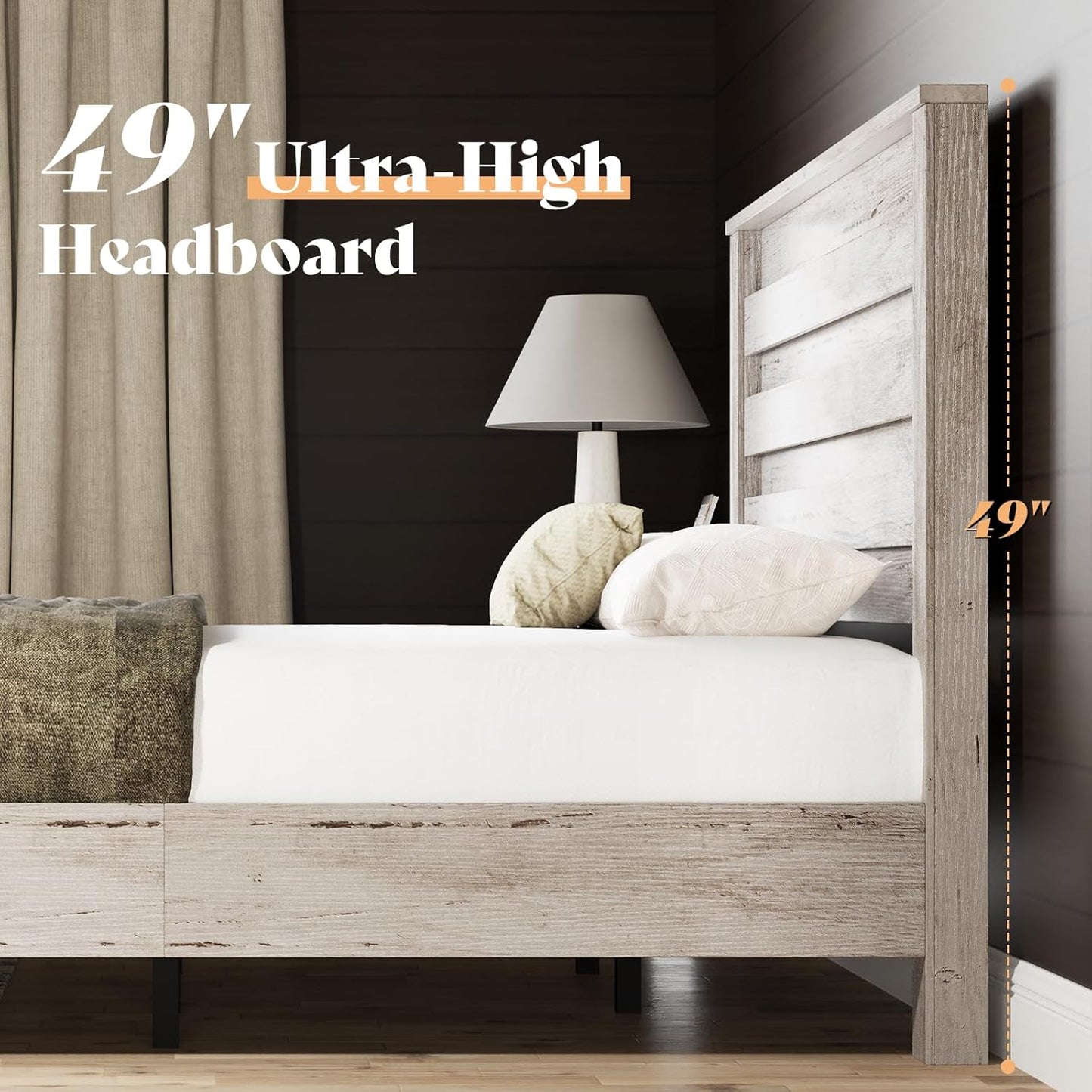 Farmhouse King Size Bed Frame with 49" Fluted Headboard, Wood Platform Bed with Natural Wood Grain, No Box Spring Needed/Noise Free, Distressed White