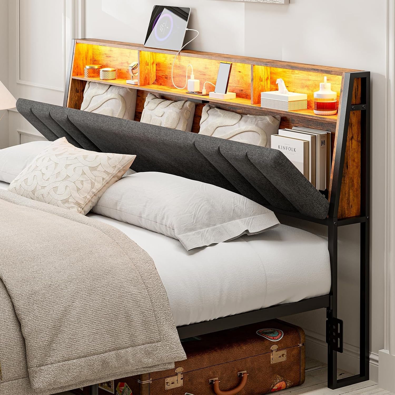 Hidden Storage Headboard King Size with Charging Station, Ergonomic Upholstered King Headboard Only with LED Lights, 2 Outlets & 2 USB Ports, Attach Frame, Easy Assembly, Dark Grey