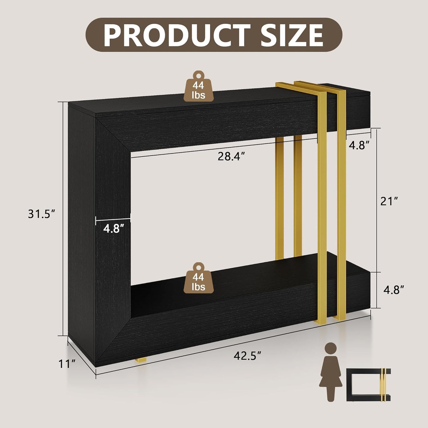 42.5" Console Table behind Couch, 2-Tier Narrow Entryway Table with Storage, Wood Sofa Tables for Hallway/Entrance/Living Room/Foyer, Black