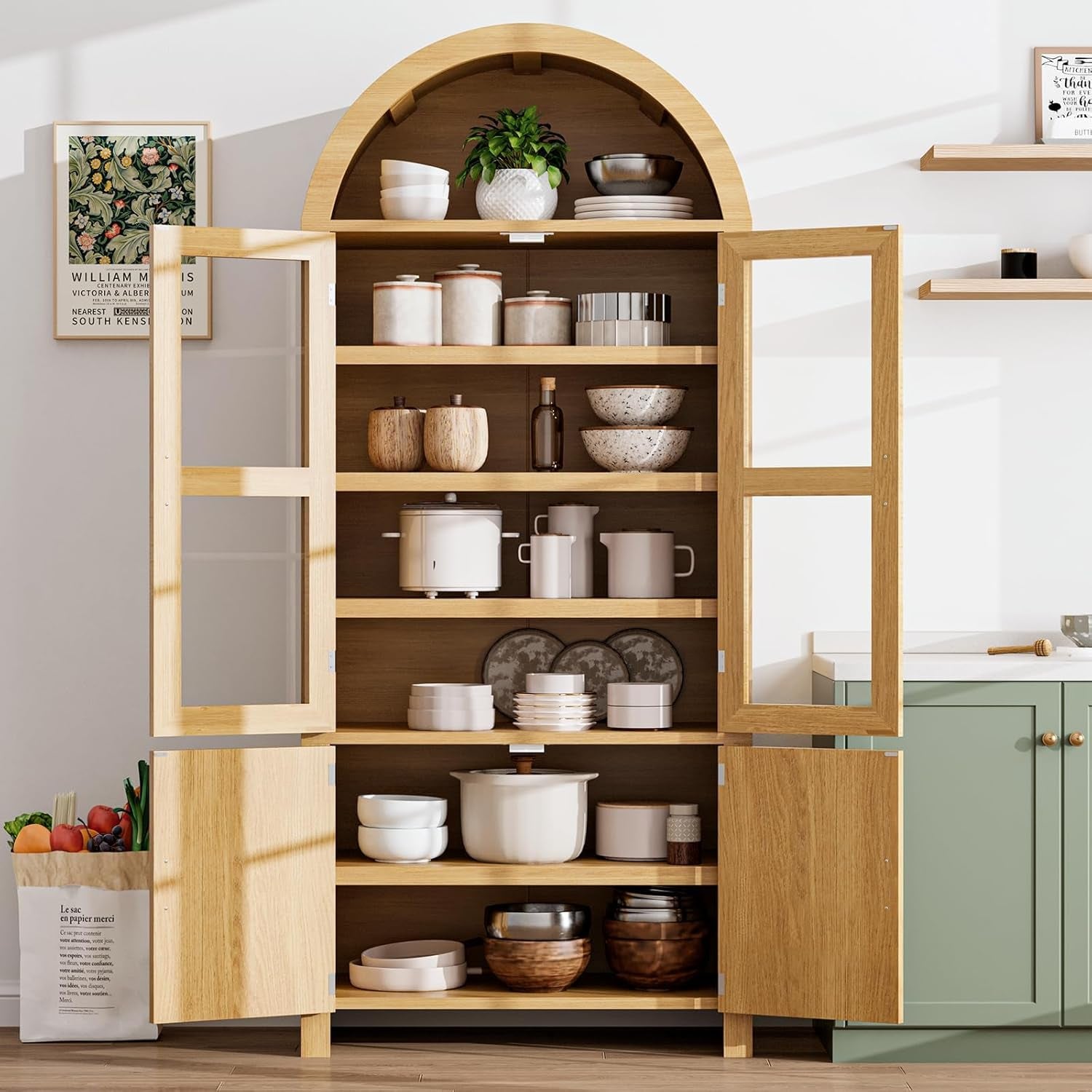 71" Tall Arched Kitchen Pantry, Modern Farmhouse Wood Kitchens Storage Cabinets, Versatile Cupboard for Dining Room, Kitchen, Wood