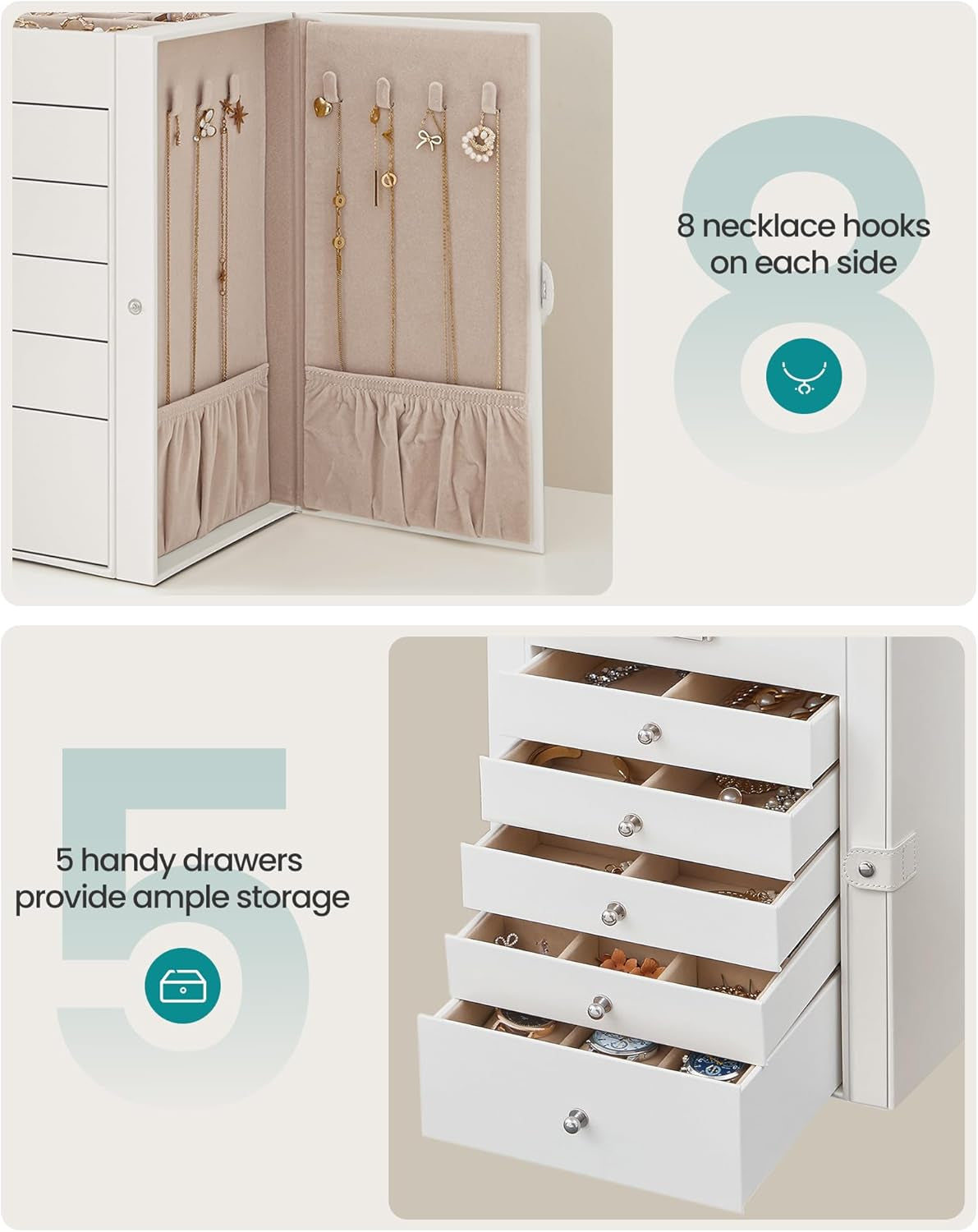 6 Tier Jewelry Box, Jewelry Storage Organizer with 5 Drawers, Large Storage Capacity, with Mirror, Lockable, Jewelry Case, Gift for Loved Ones, for Watches, White UJBC152W01