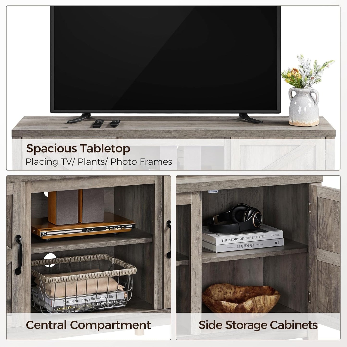 TV Stand for 65 Inch TV, Farmhouse TV Console Table for Living Room, Tall Entertainment Center with Double Barn Doors for Bedroom, Gray
