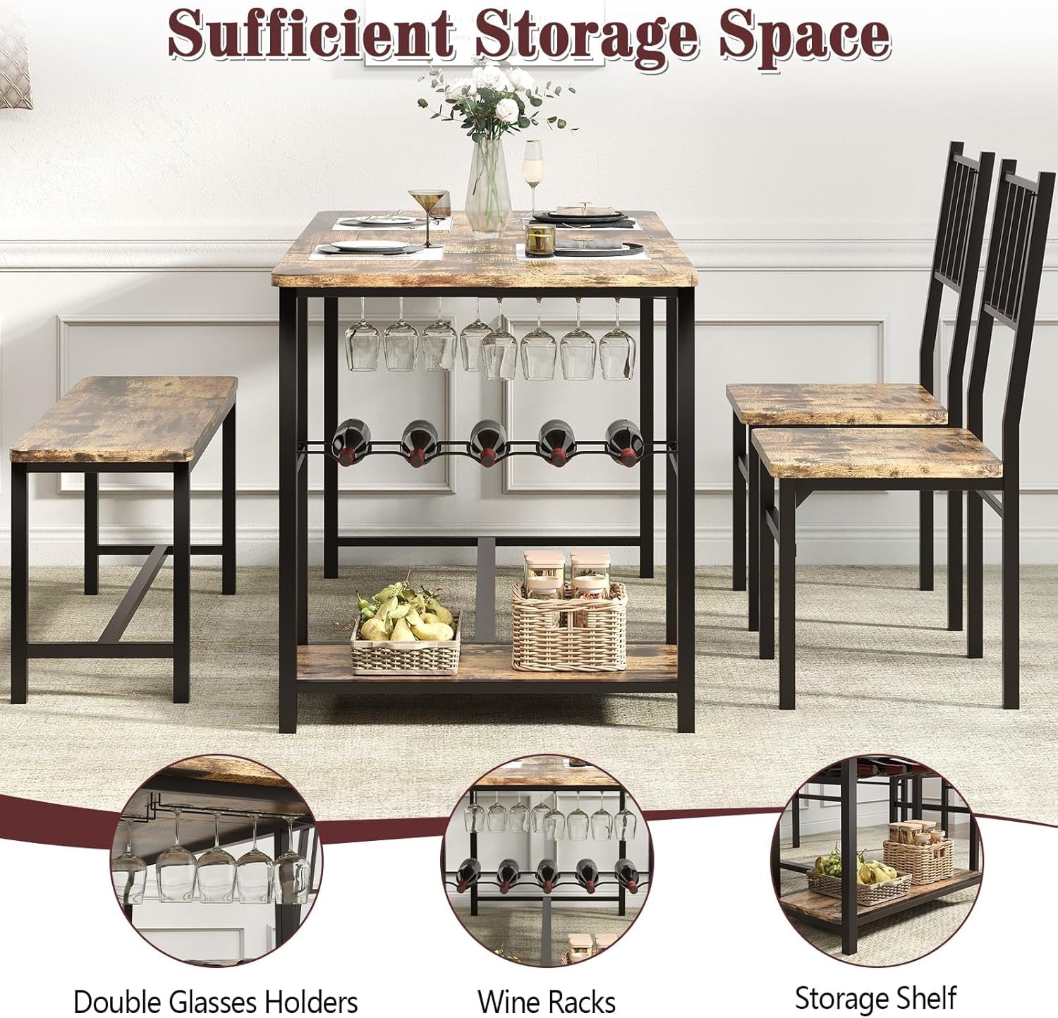 Dining Table for 4, Kitchen Table Set for 4 with 2 Chairs and Bench, Dining Room Table Set with Built in Wine Rack & Wine Glasses Holder, Storage Shelves for Small Space, Kitchen, Rustic Brown