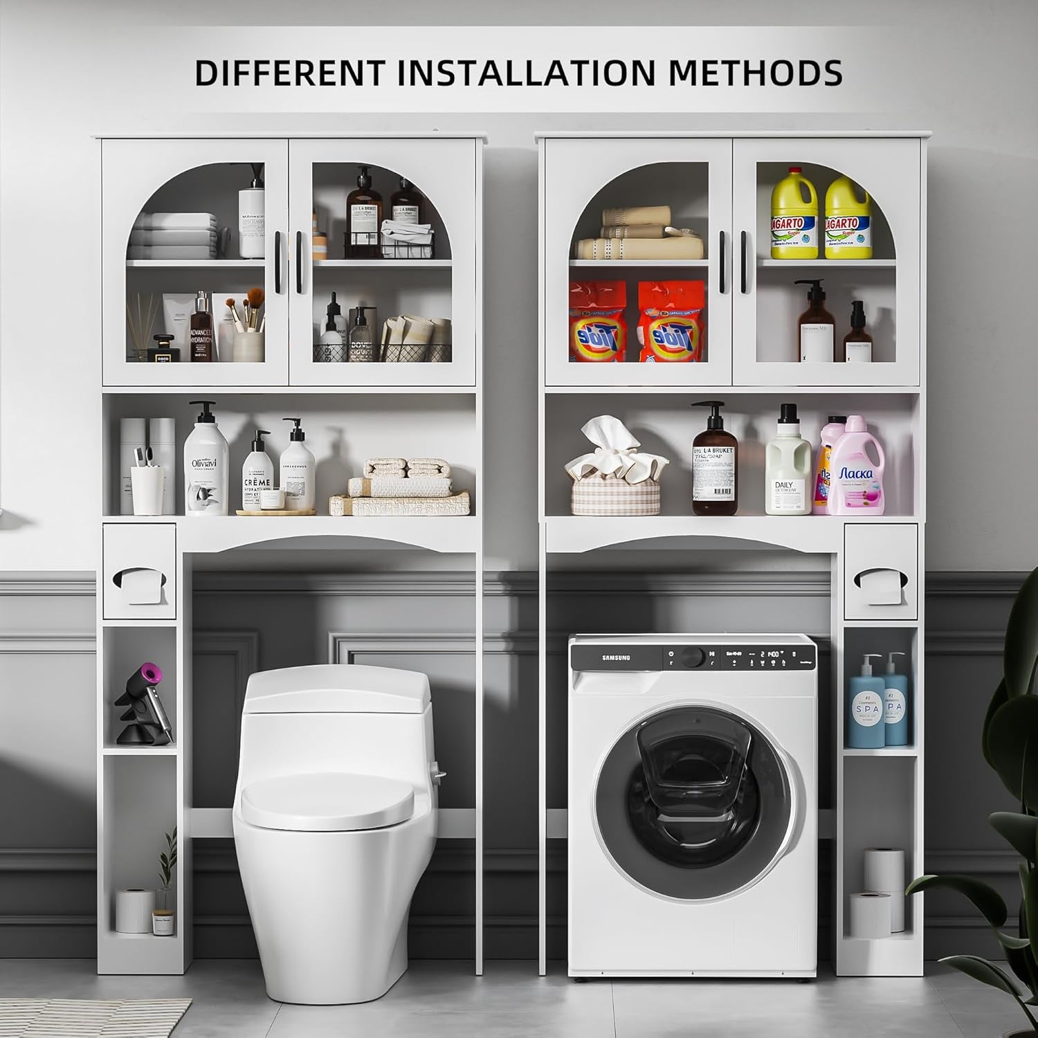 Over the Toilet Storage Cabinet, Bathroom Organizer over Toilet with Glass Doors, Storage Organizer Cabinet with Anti-Tip Device and Adjustable Shelf for Bathroom, White