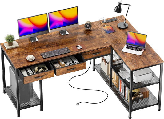 55 Inch L Shaped Office Desk with Power Outlets and Type-C Port, Large Computer Gaming Desk with 3 Fabric Drawers, Mesh Shelves, Corner Study Work Writing Desk, Rustic Brown