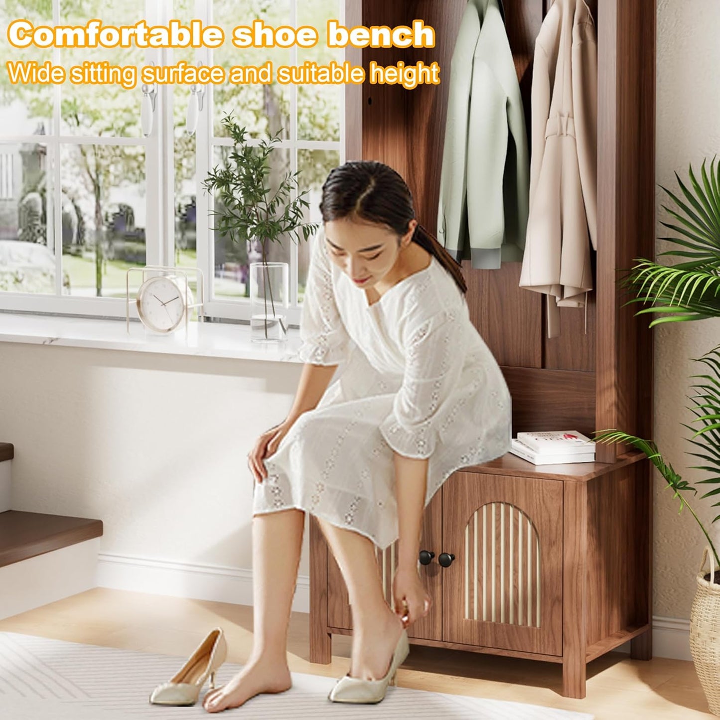 Hall Tree with Bench and Shoe Storage, Entryway Storage Bench with Coat Rack, 70.9" Arch Coat Rack with 4 Hooks and 2 Fluted Doors, Farmhouse Style Furniture Organizer for Hallway,Mud Room