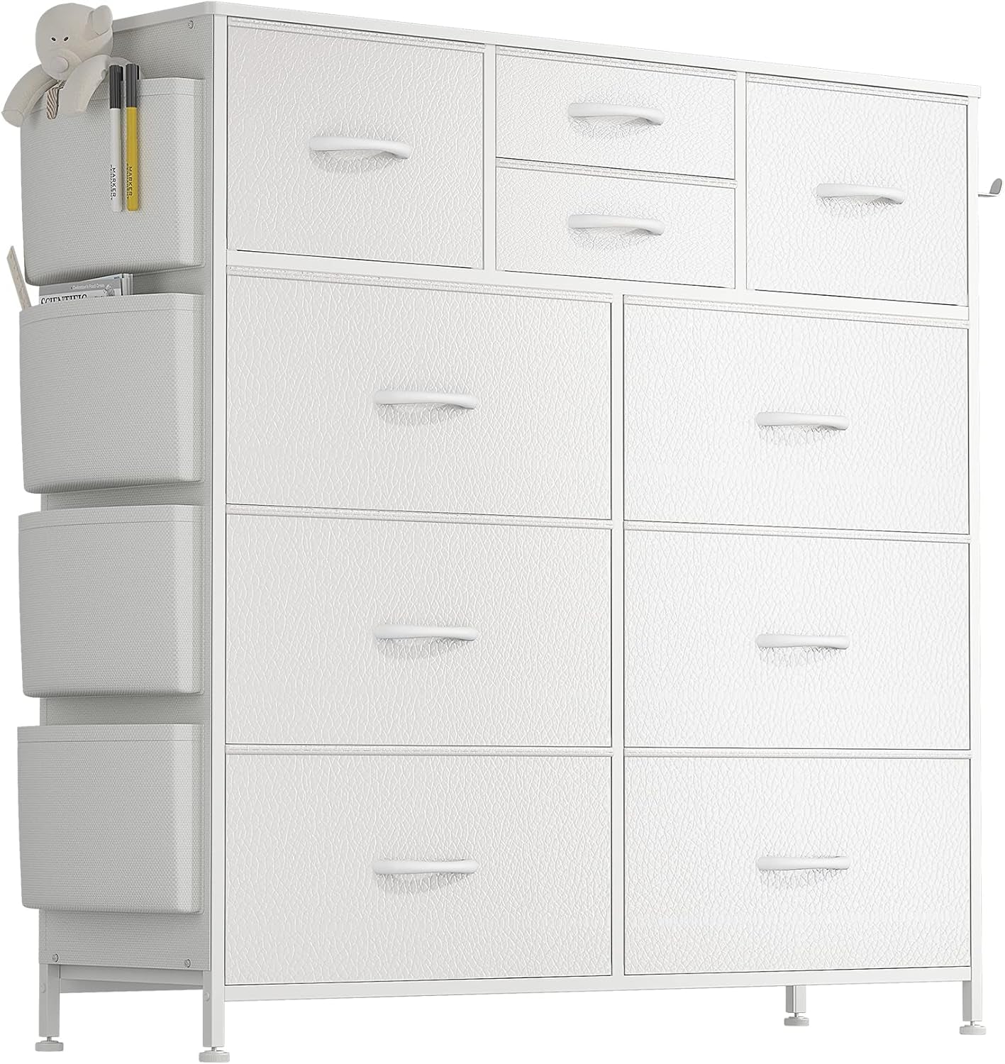 White Dresser for Bedroom with 10 Drawers, Chest of Drawers with Side Pockets and Hooks, PU Storage Dresser, Organizer Unit for Living Room, Hallway, Closet (White)