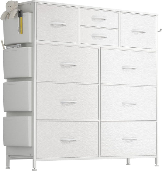 White Dresser for Bedroom with 10 Drawers, Chest of Drawers with Side Pockets and Hooks, PU Storage Dresser, Organizer Unit for Living Room, Hallway, Closet (White)