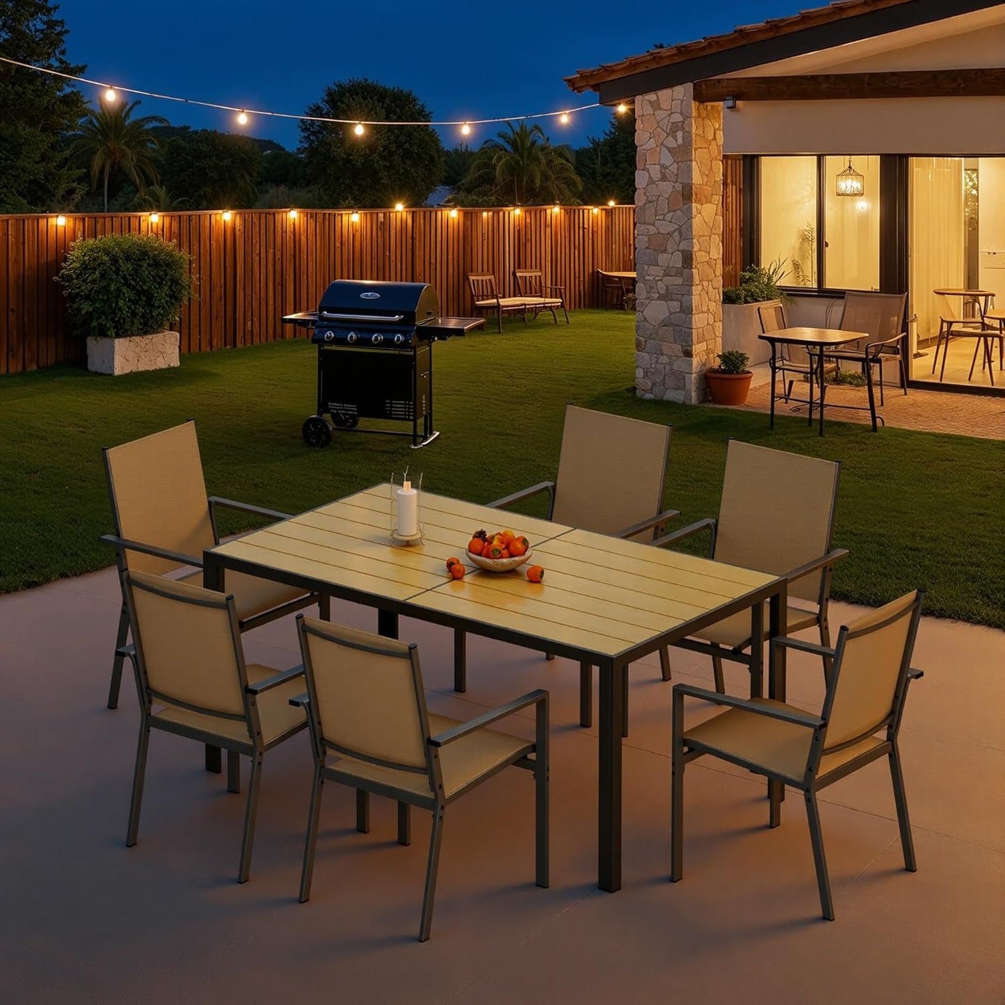 Patio Table and Chairs Set for 6, Outdoor Dining Set Includes 59.5" Rectangle Patio Table with Side Umbrella Hole and 6 Textilene Fabric Patio Chairs for Backyard, Courtyard, Poolside, Brown