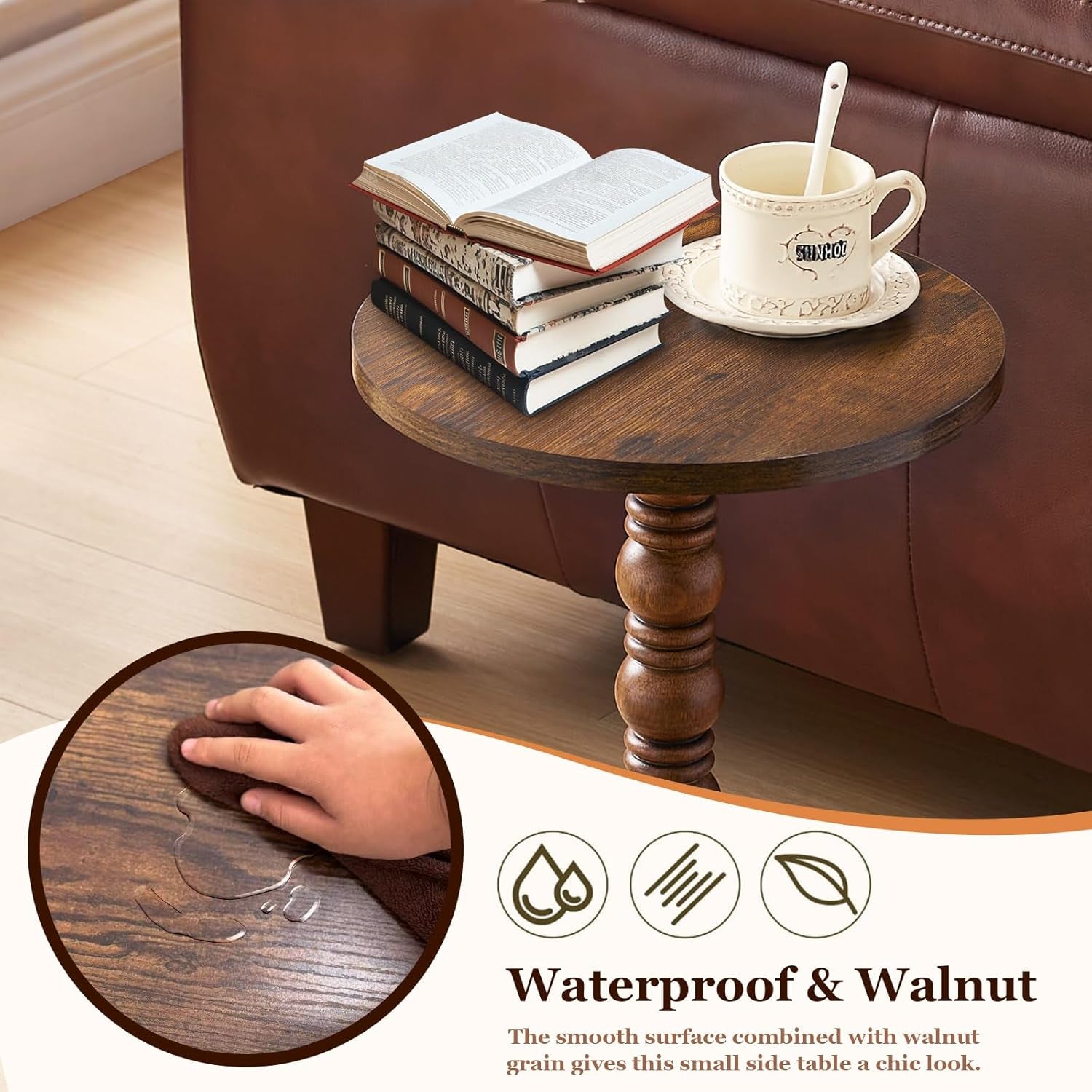 Round Side Table,Stable Small Drink Table for Small Spaces, Modern Accent Side Table with Solid Rubber Wood Table Leg,Easy Assembly for Living Room, Bedroom, Sofa & Office Corners-Rustic Brown