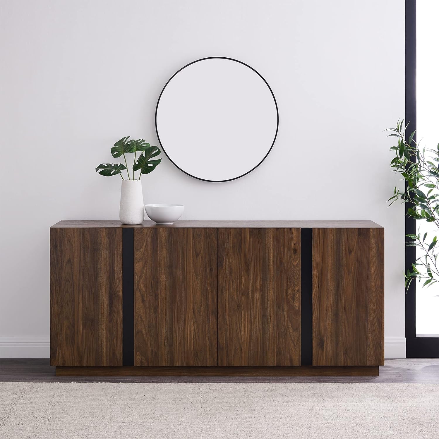 Liss Contemporary 4-Door Minimalist Sideboard, 70 Inch, Dark Walnut