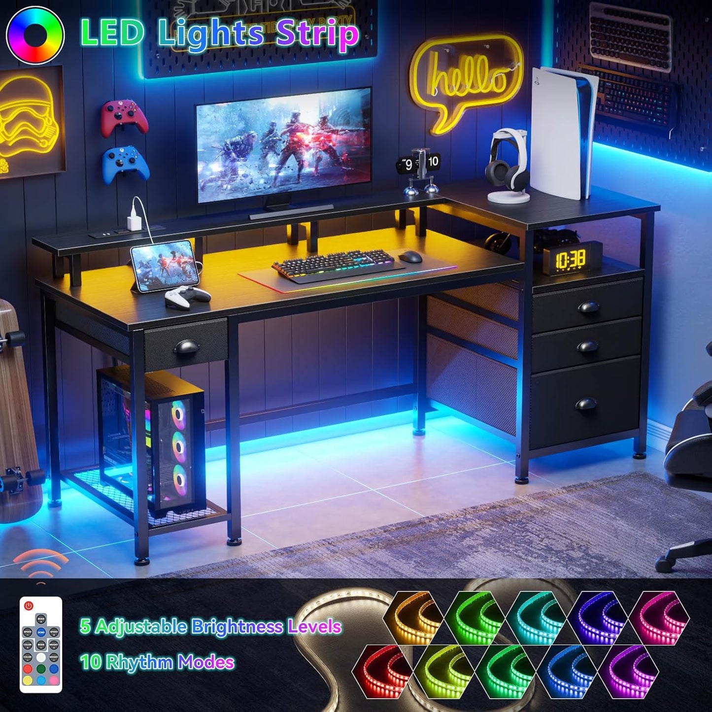 60" Black Computer Desk with 4 Drawers and Printer Space, Gaming Desk with LED Lights and USB Power Outlets, Home Office Desk with Fabric File Cabinet,Study Work Table with Shelf for Bedroom