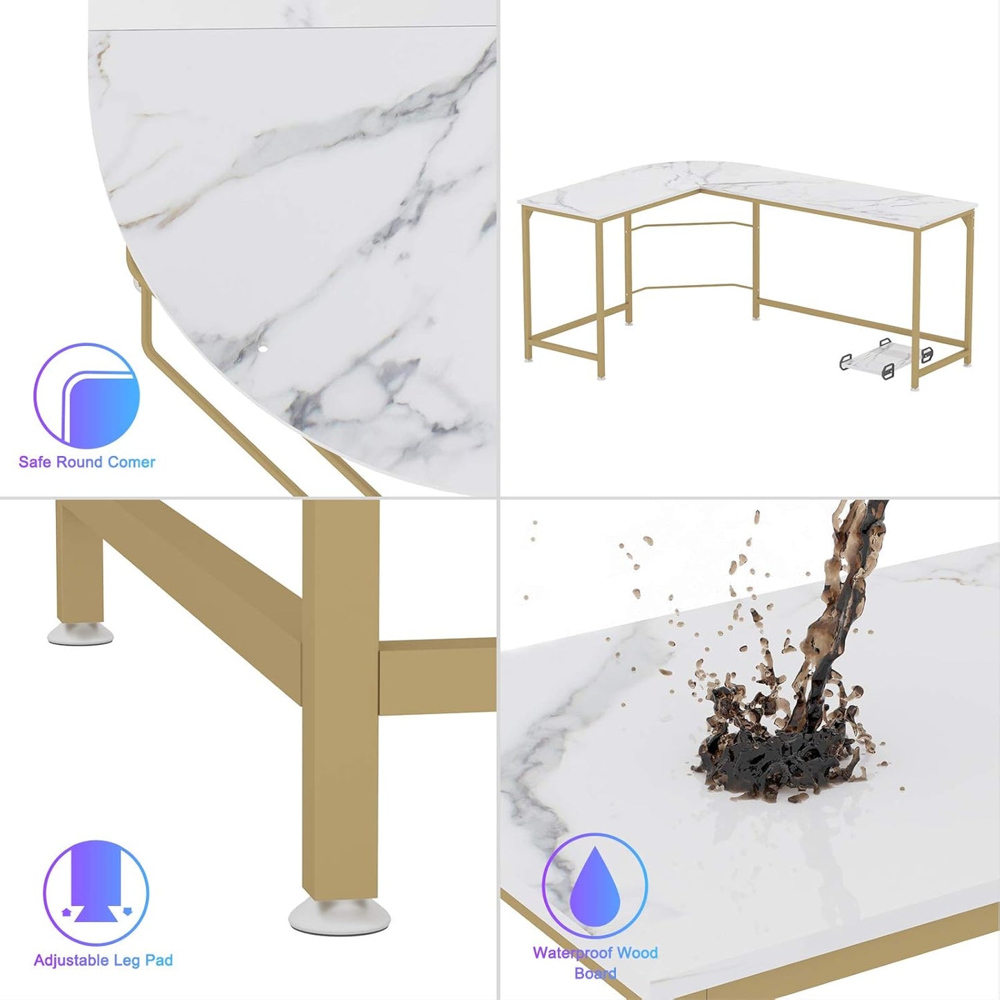 Reversible L Shaped Desk White - 66.1" Corner Gaming Computer Desk, Office Workstation Modern Home Study Writing Table, Marble Gold