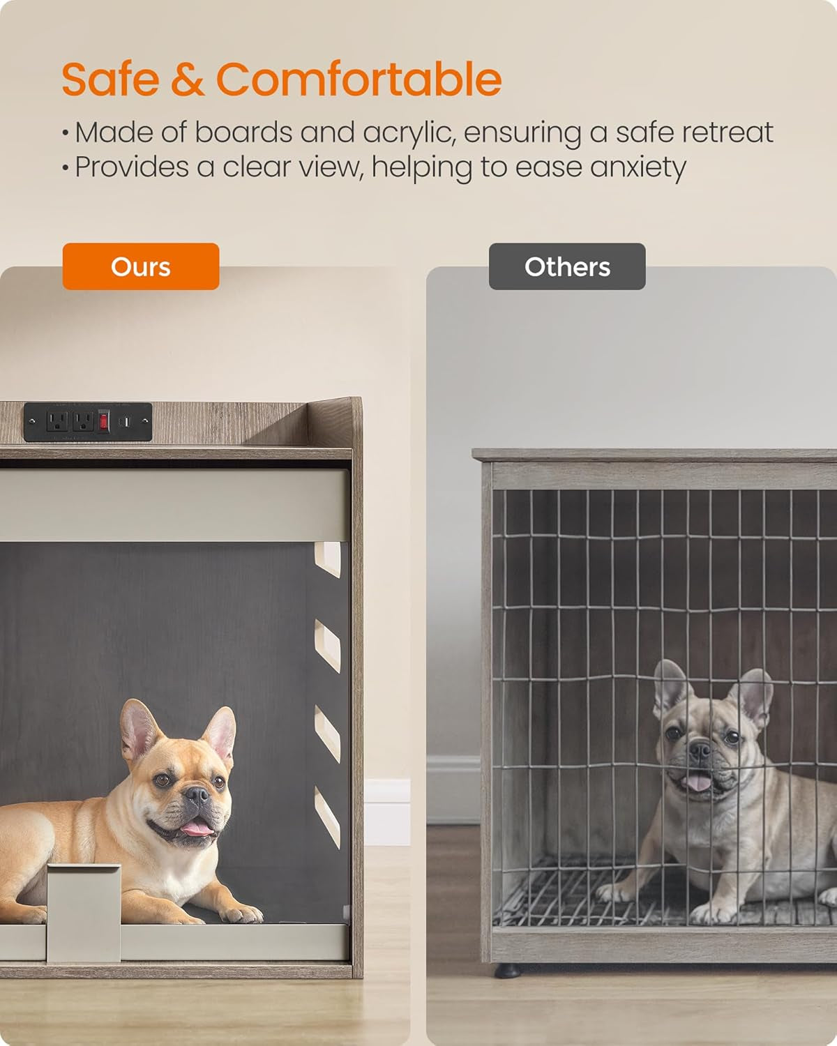 Modern Dog Crate Furniture with Charging Station, Kennel Indoor with Flip-Up Hidden Acrylic Door, for Small and Medium Dogs up to 45 Lb, Side End Table, Heather Greige UPOC021G01