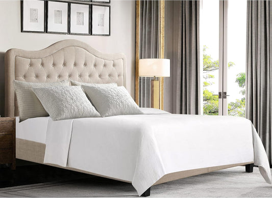 Niana Upholstered Tufted Natural Linen Adjustable Headboard Bed with Adjustable Height for Bedroom, Queen，Textile Beige
