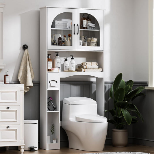 Over the Toilet Storage Cabinet, Bathroom Organizer over Toilet with Glass Doors, Storage Organizer Cabinet with Anti-Tip Device and Adjustable Shelf for Bathroom, White