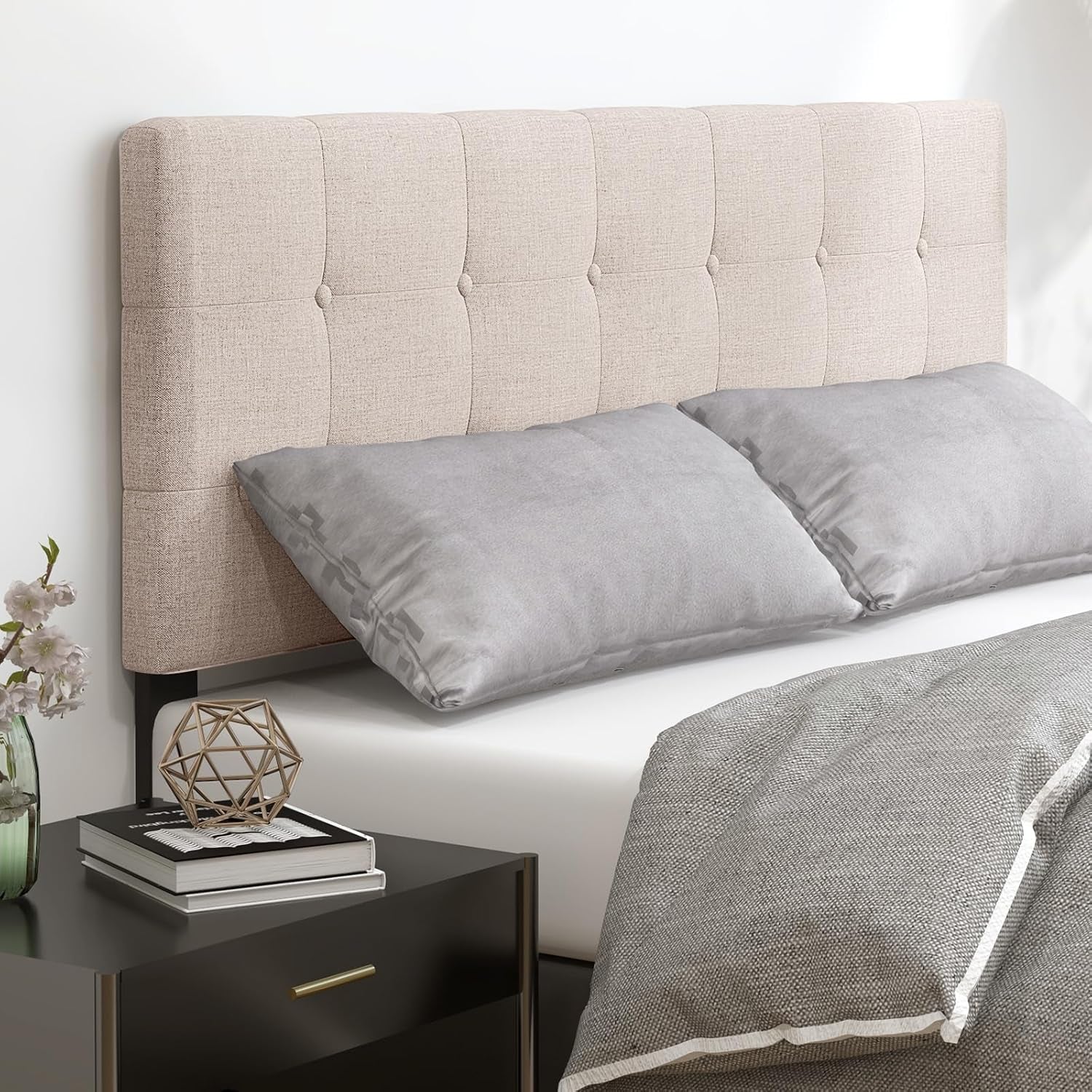 Linen Upholstered Headboard, Adjustable Width Button Tufted Headboard Only with Solid Wood Legs, Attach Frame, Modern Headboards for Queen Full Size Bed, Beige