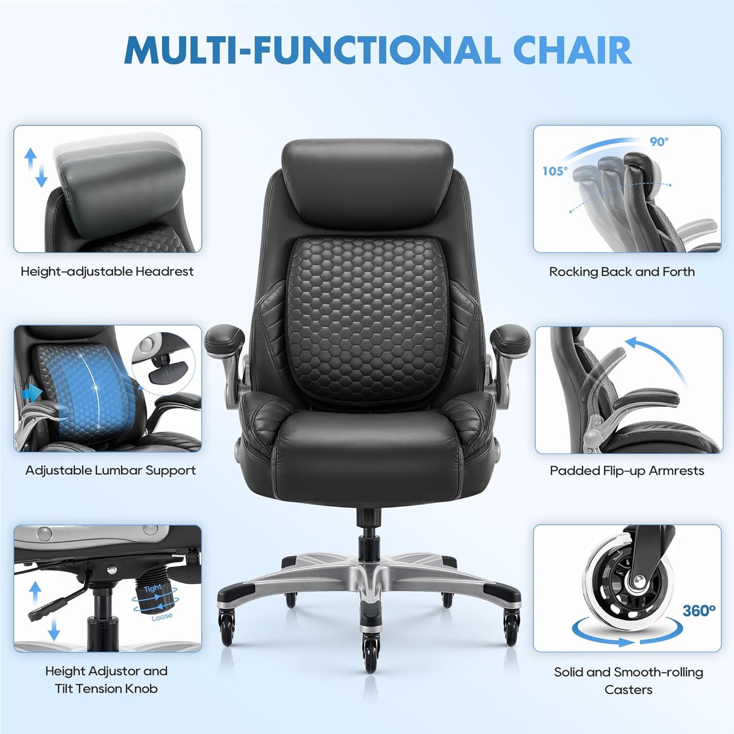 Office Ergonomic Desk High Back Executive Chair with Pop-Out Lumbar Support, Upgraded Casters, Adjustable Headrest, Flip-Up Arms, Leather Home with Thick Cushion for Comfort - Black