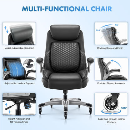 Office Ergonomic Desk High Back Executive Chair with Pop-Out Lumbar Support, Upgraded Casters, Adjustable Headrest, Flip-Up Arms, Leather Home with Thick Cushion for Comfort - Black