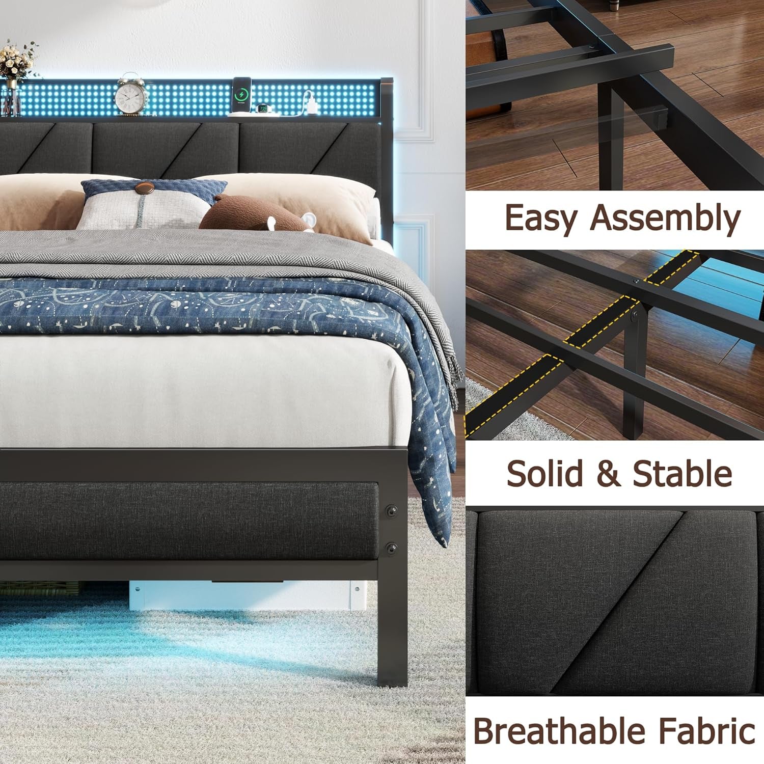 Queen Bed Frame with Headboard and Storage Shelf, LED Light and Charging Station, Metal Platform Bed with Heavy Duty Slats, No Box Spring Needed, Noise Free & Easy Assembly