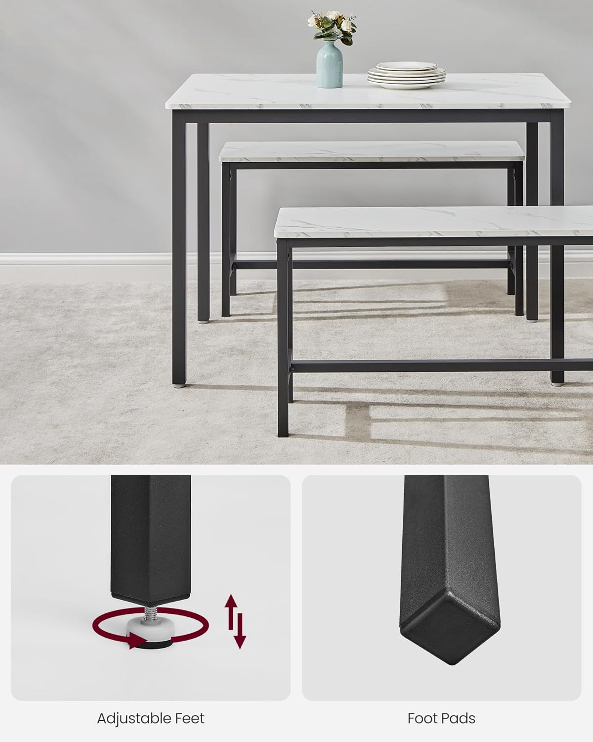 Dining Table Set for 4, Kitchen Table with 2 Benches, 43.3 X 27.6 X 29.5 Inches Dining Room Table, 38.2 X 11.8 X 19.7 Inches Bench, Marble White and Ink Black UKDT070B59