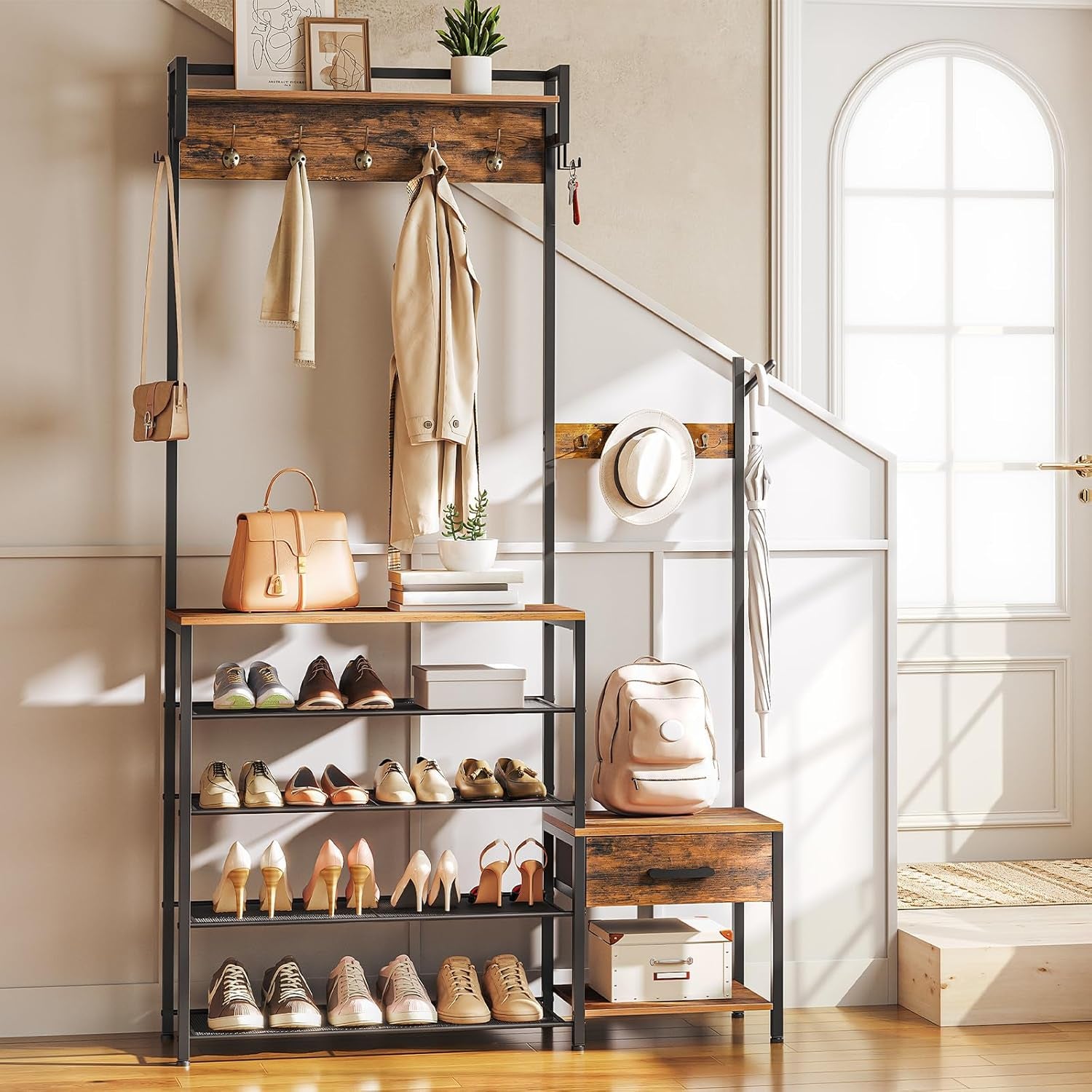 Hall Tree, Entryway Coat Rack Shoe Bench, Shoe and Coat Rack for Entryway, Hall Tree Coat Rack, with Non-Woven Fabric Drawer, for Entrance, Foyer, Rustic Brown and Black BF113MT01