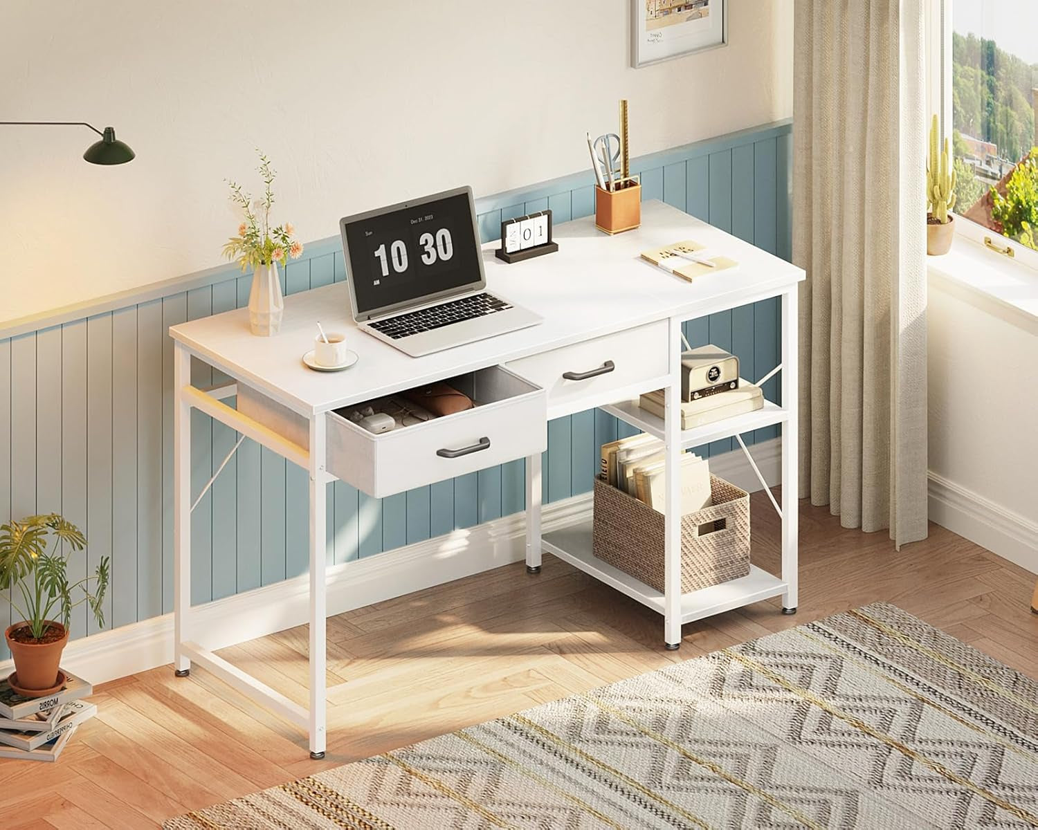 Small Computer Desk with Drawers, 40 Inch Reversible Home Office Desk with Storage Shelves, Study Laptop Vanity Table for Bedroom Small Space, White