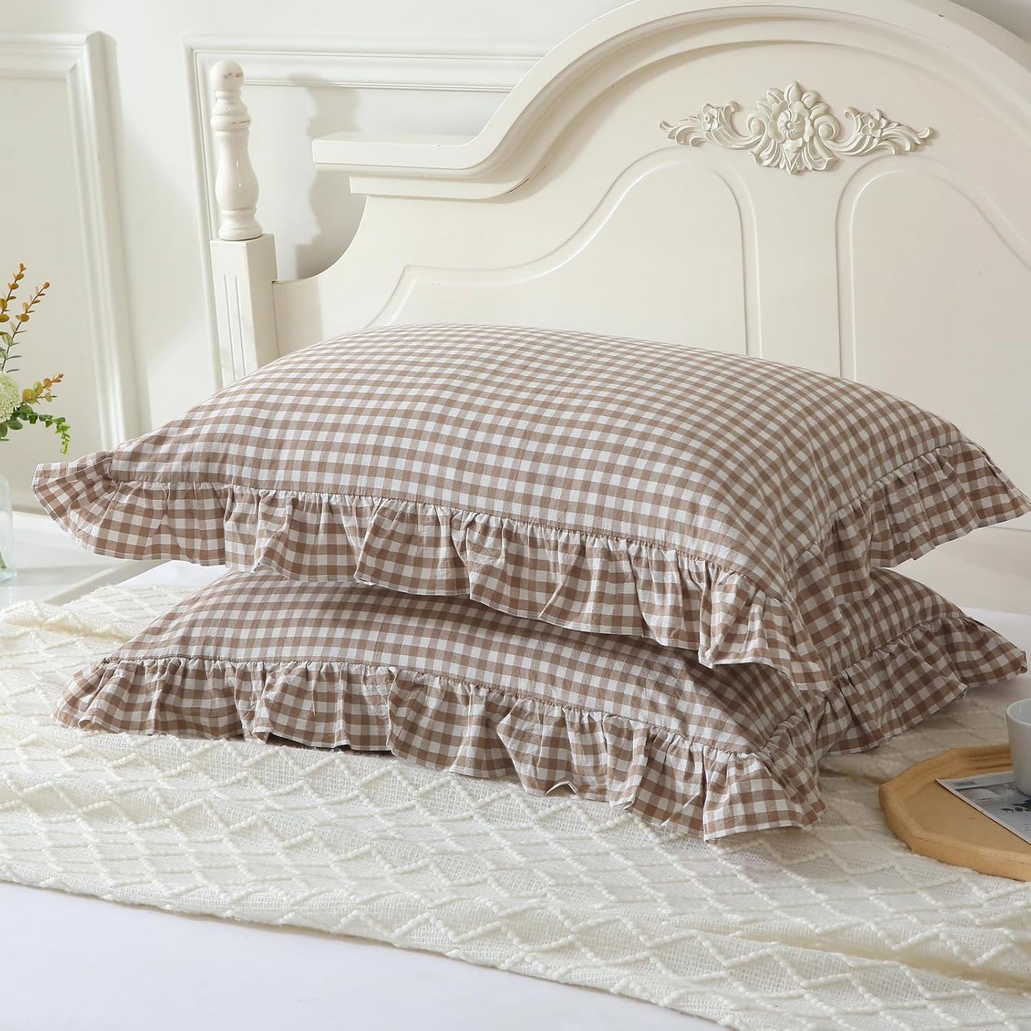 Taupe/White Plaid Ruffle Pillow Shams King Size Set of 2,Shabby Checkered Washed Cotton Farmhouse Pillow Covers 20"X36"