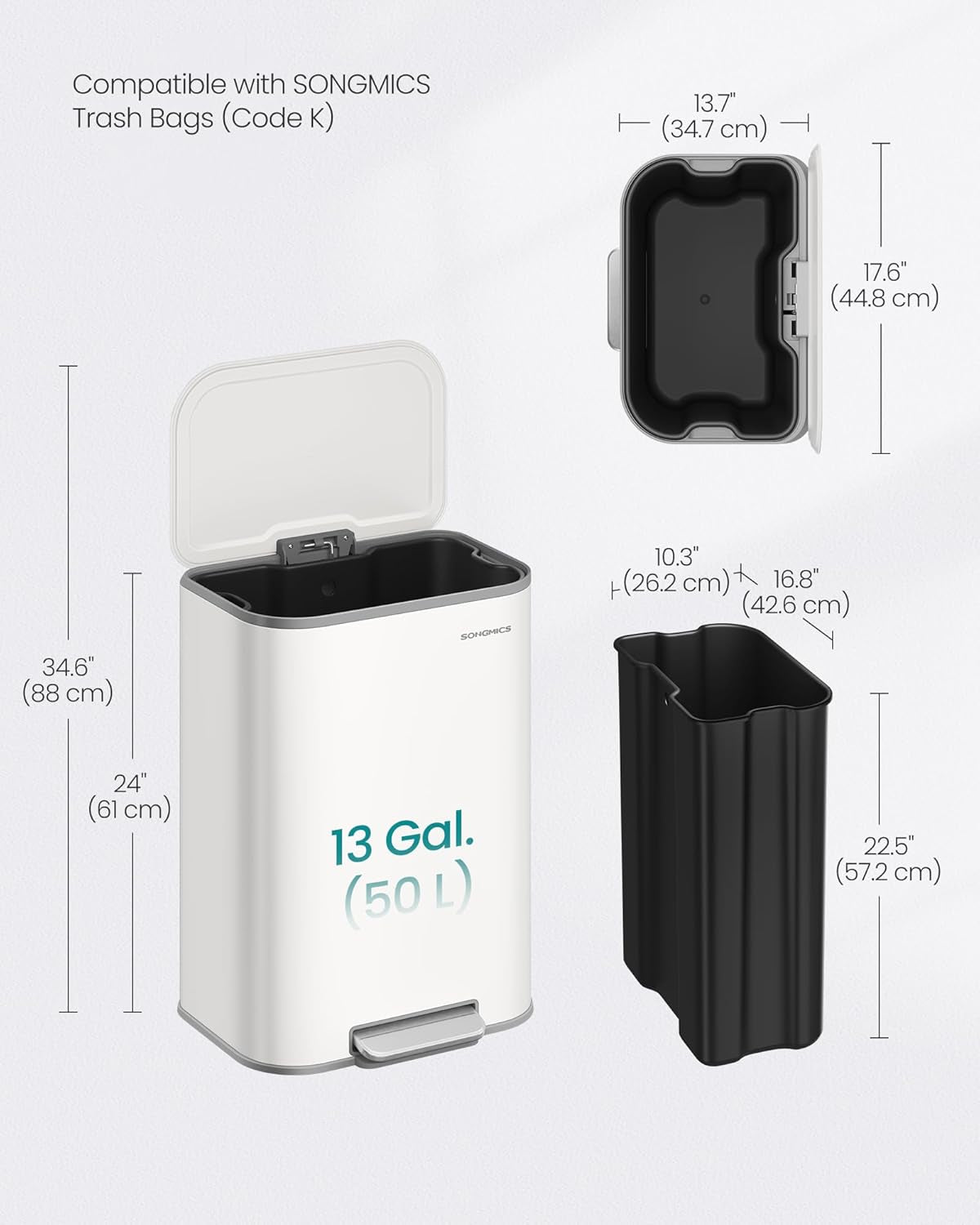 Kitchen Trash Can, 13-Gallon (50 L) Garbage Can with Lid, Stainless Steel, Soft Close and Stays Open, Inner Bucket, Wide Non-Slip Pedal, Cloud White ULTB547W01