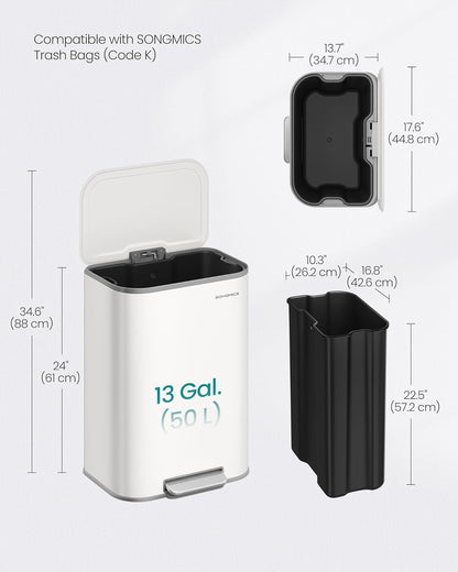 Kitchen Trash Can, 13-Gallon (50 L) Garbage Can with Lid, Stainless Steel, Soft Close and Stays Open, Inner Bucket, Wide Non-Slip Pedal, Cloud White ULTB547W01