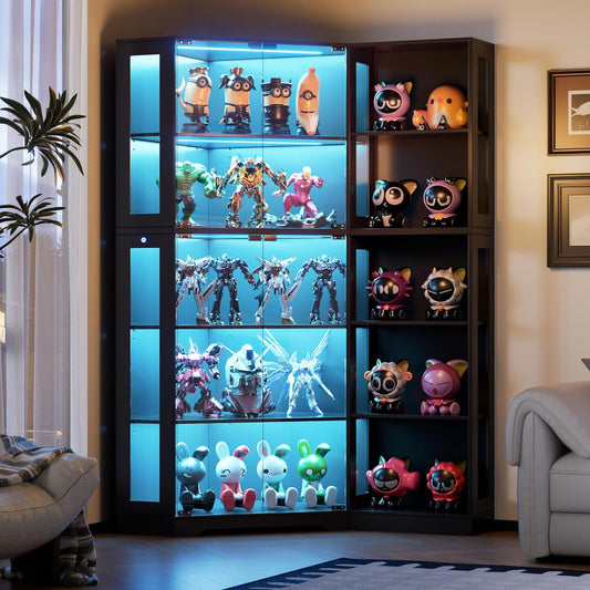 Corner Display Curio Cabinet with Glass Doors, Glass Display Case with LED Lights for Collectibles,Display Storage Shelves for Living Room,Black