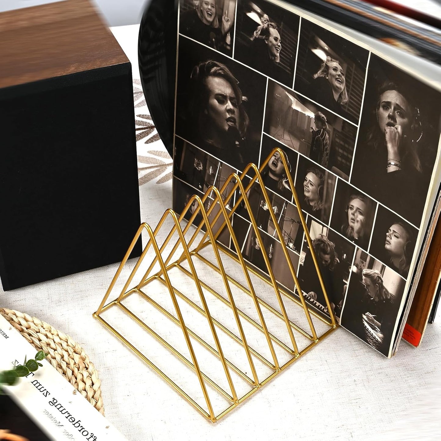 9 Slot Record Holder,Desktop Vinyl Record Storage Holds up 30 Lps,Metal Magazine Holder Triangle File Holder for Office Homer,Golden