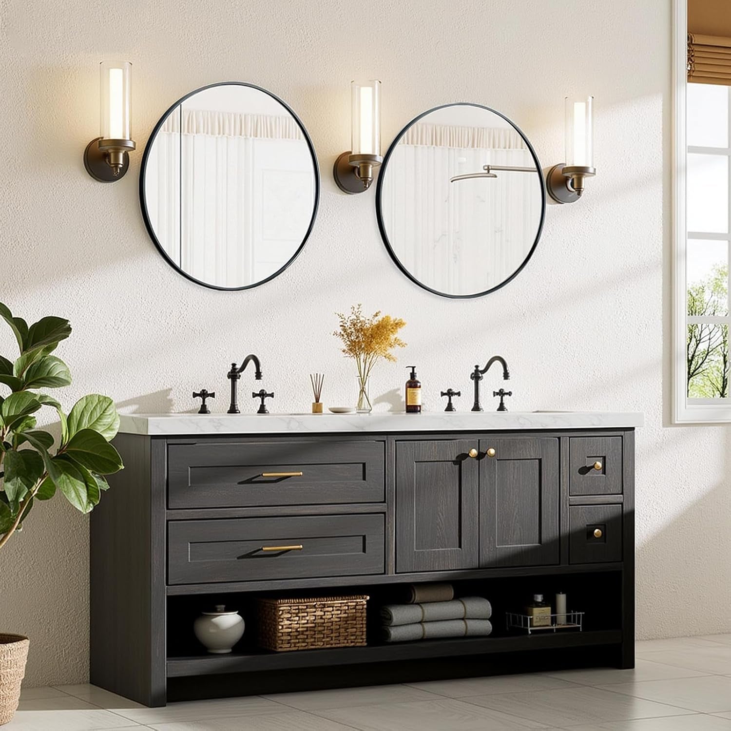 Bathroom Mirror for Wall, 24 Inch round Mirror, Matte Black Metal Framed Circle Vanity Mirror for Bathroom Bedroom Living Room Entryway, Anti-Rust, Tempered Glass, Hanging or Leaning