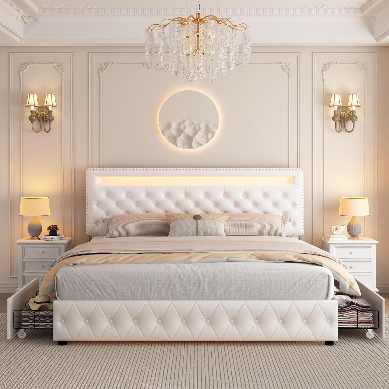 GEGOFORU Queen LED Bed Frame with 4 Storage Drawers, Adjustable LED Headboard, Remote & App Control Lights, Plush Upholstered Platform with Silver Nailhead Trim, No Box Spring Needed - White