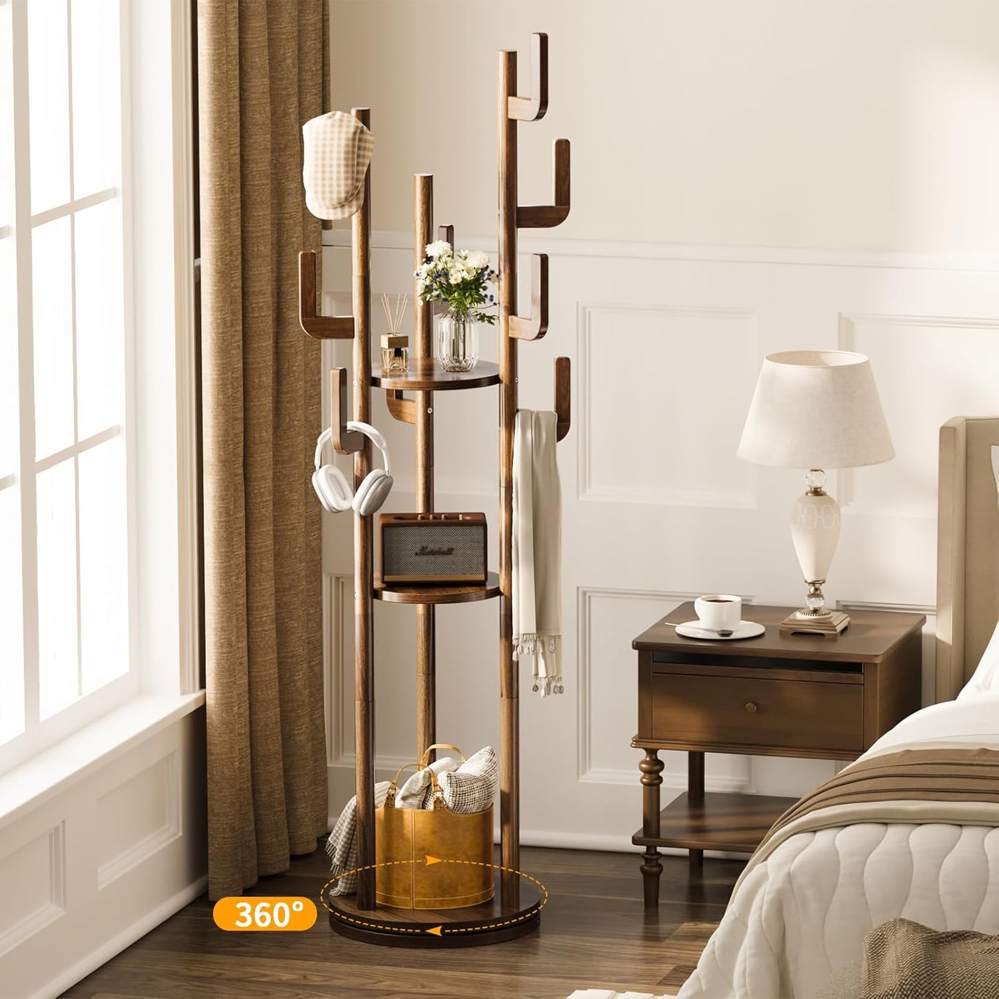 Rotary Coat Rack Freestanding - Solid Wood Coat Tree with 9 Hooks & 3 Storage Shelves for Purse, Bag, Jacket, Hat, Corner Hanger Stand Racks for Hall, Entryway, Office, Modern Clothes Holder