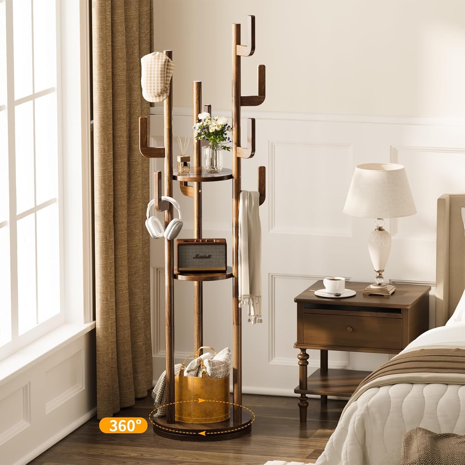 Rotary Coat Rack Freestanding - Solid Wood Coat Tree with 9 Hooks & 3 Storage Shelves for Purse, Bag, Jacket, Hat, Corner Hanger Stand Racks for Hall, Entryway, Office, Modern Clothes Holder