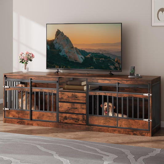 86.61 Inch Large Double Dog Crate Furniture with Storage Drawers & Shelf Farmhouse Dog Kennel TV Stand Indoor for 2 Medium Large Dogs Decorative Dog Cage with Sliding Door Power Outlets Grey