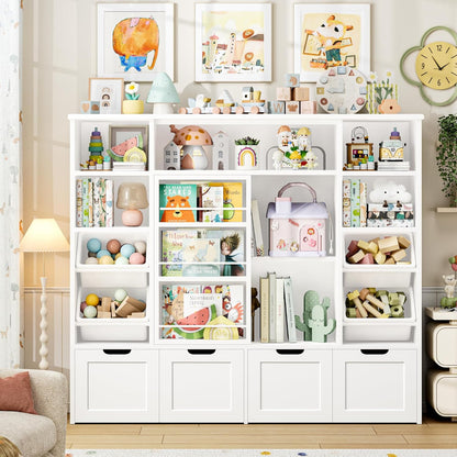 55.1’’ W Toy Storage with Sliding Bookshelf, Large Toy Organizer Kids Bookshelf with 4 Movable Drawers and 4 Storage Bins, Toy Bins for Kids Organizer Playroom Storage for Kid Room, White