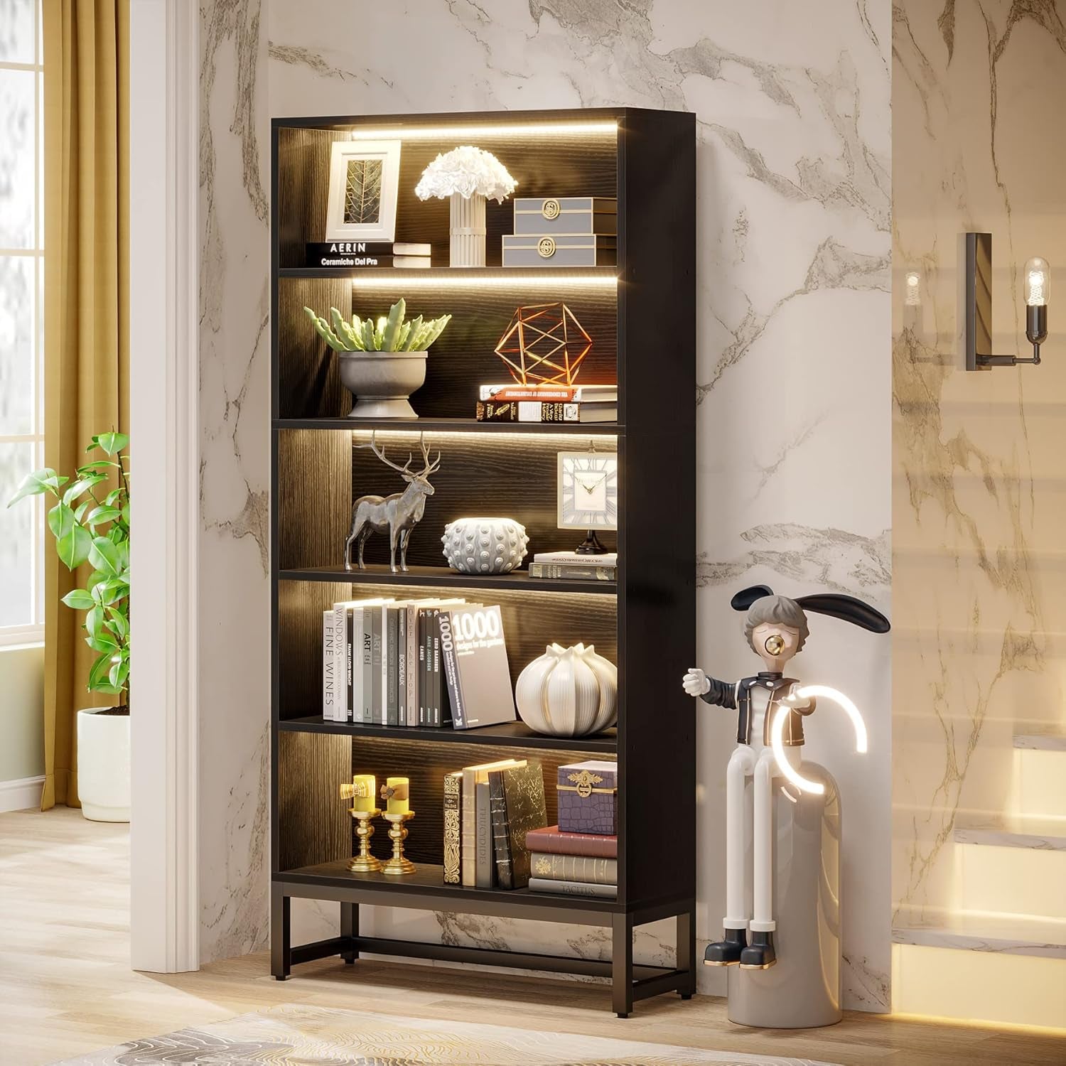 Tall Bookcase Black Bookshelf, 70.8” Large Bookcases Organizer with LED Lights, Heavy Duty Free-Standing Library Bookshelf with 5-Tier Storage Shelves for Living Room, Bedroom (Black)