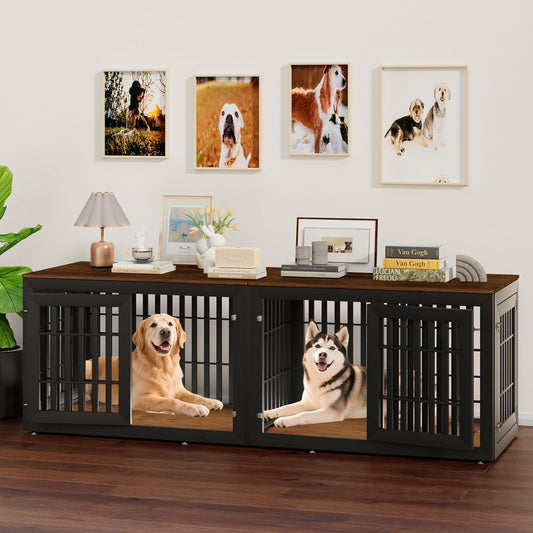 80" Heavy Duty Dog Crate Furniture for Small,Medium and Large Dogs,Rustic Wooden Dog Cage Kennel Indoor Furniture with Waterproof Top,Decorative Pet House Side End Table (Black & Wood)