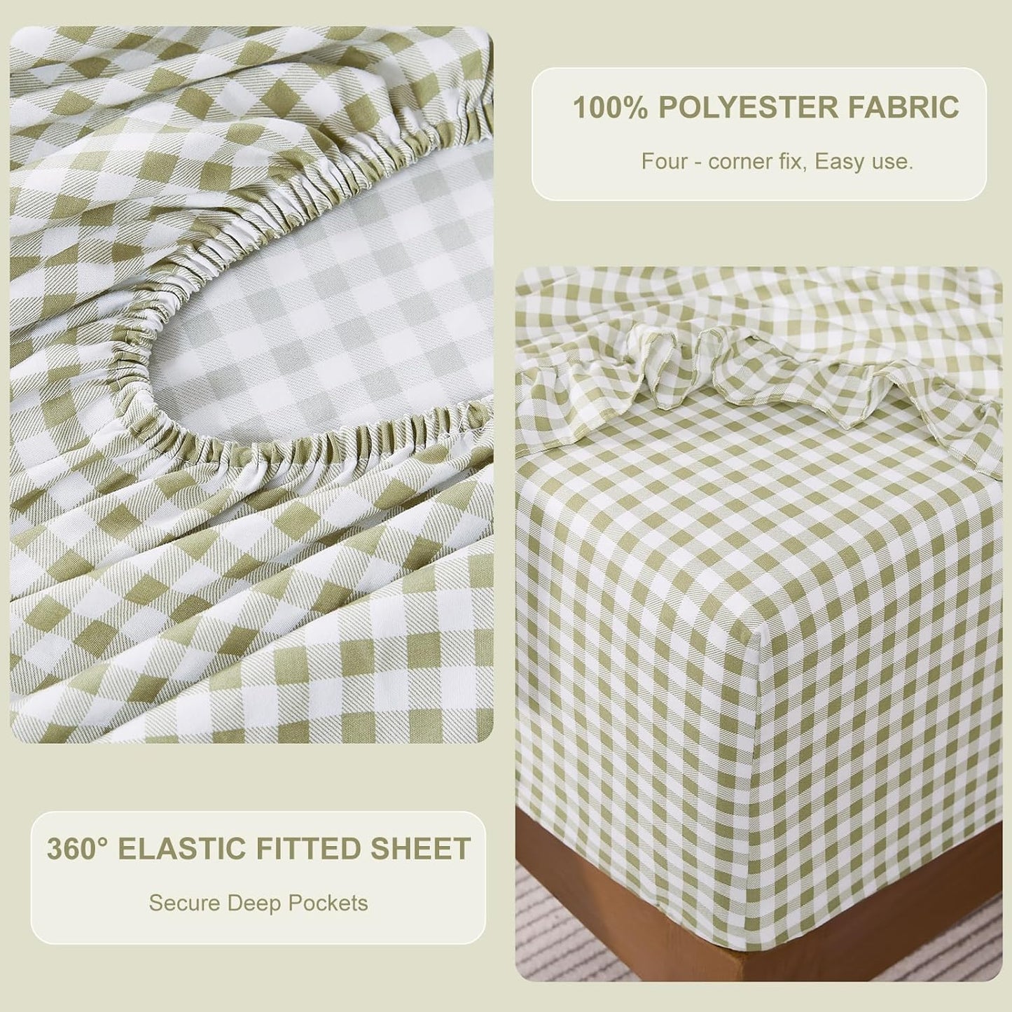 Gingham Queen Sheet Set, Lightweight Super Soft Brushed Microfiber Plaid Bed Sheets with 16" Deep Pocket, 4 Piece Ruffle Farmhouse Bedroom Decor, Sage Green