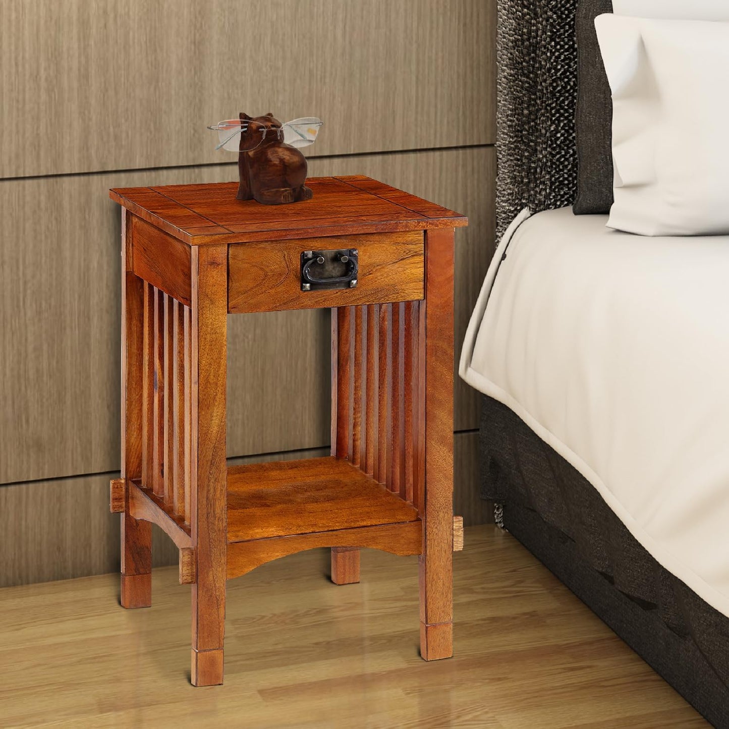 Earthy Elements Spacious Mango Wood Telephone Stand with Slatted Side Panels, Brown