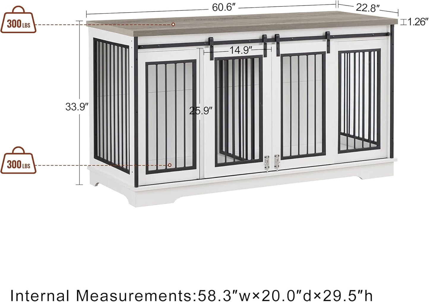 XXL Wooden Dog Crate Furniture with Sliding Barn Door, 60.6" Indoor Kennel with Divider, Modern TV Stand for Large Dog or 2 Medium Dogs (Grey)