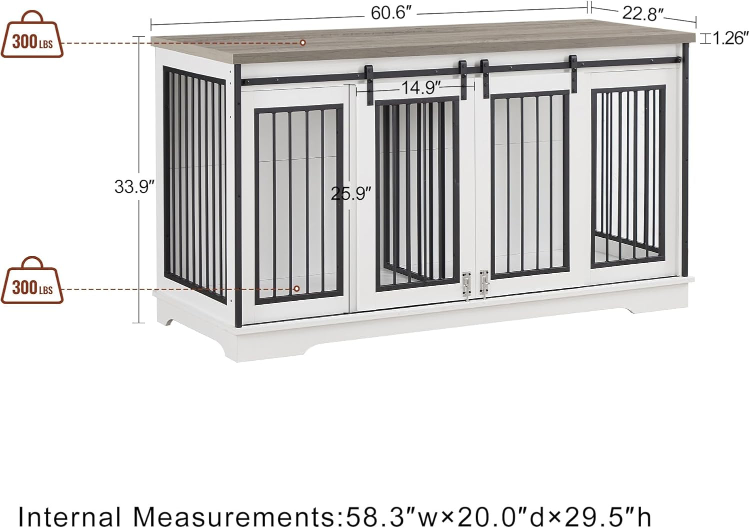 XXL Wooden Dog Crate Furniture with Sliding Barn Door, 60.6" Indoor Kennel with Divider, Modern TV Stand for Large Dog or 2 Medium Dogs (Grey)