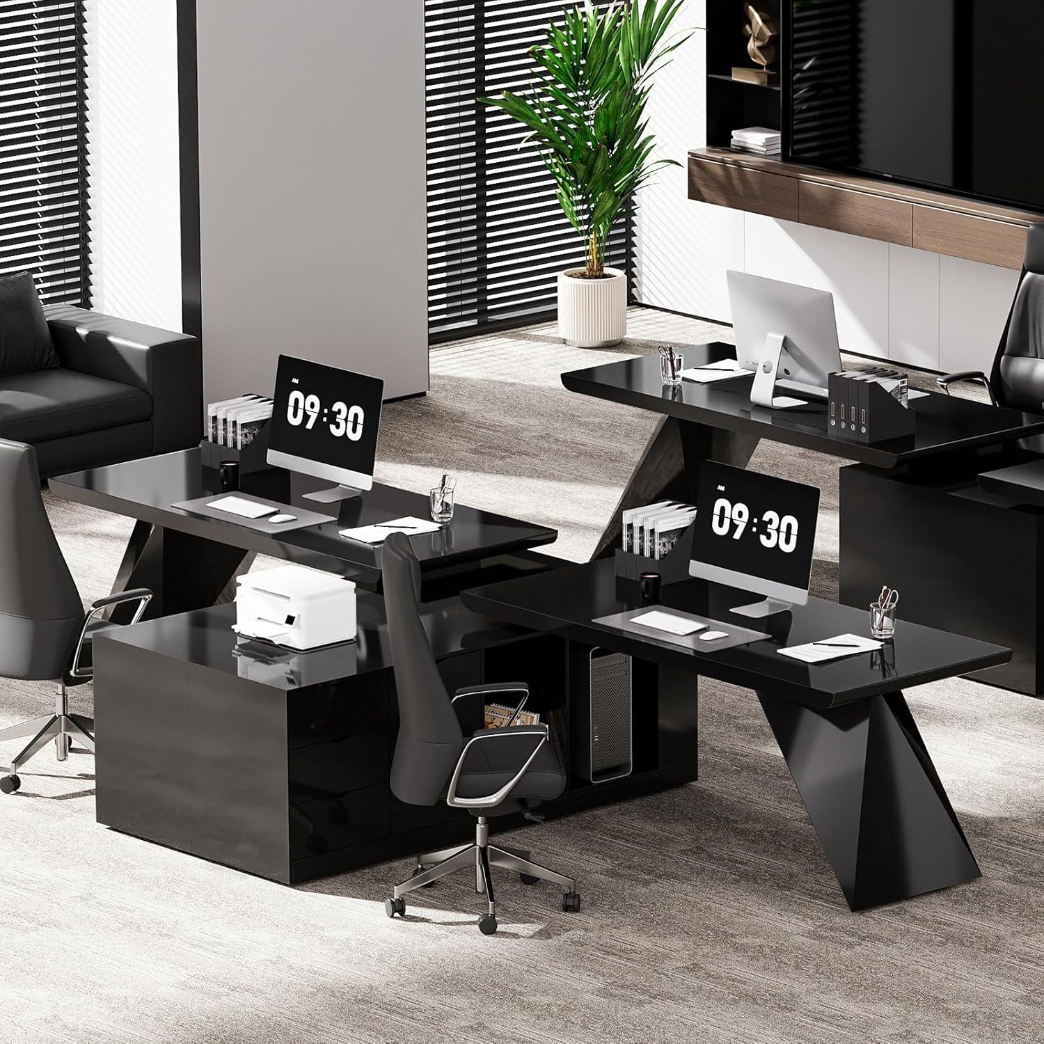 70.9" Modern L-Shape Executive Desk, Home Office Desk with Drawers & Cabinet Modern Computer Desk for Home Business Furniture, Black, Left Hand
